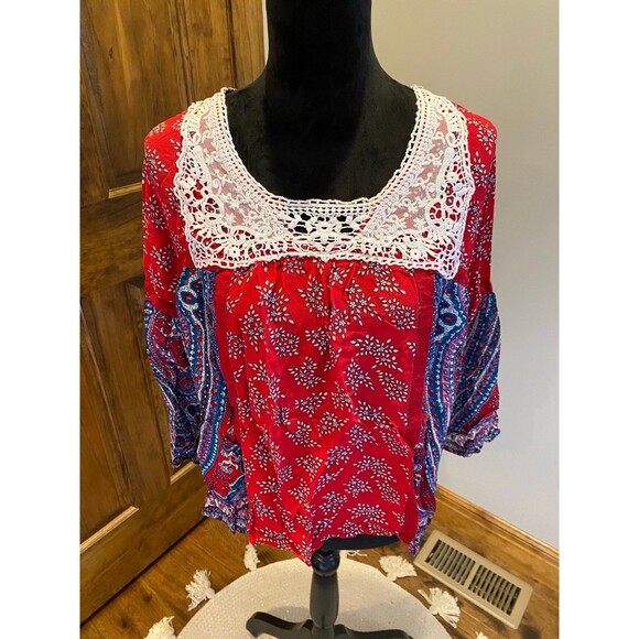 Bila Red Blue Paisley Boho Peasant Lacey Size Large Colorful Sheer Casual Top - Picture 3 of 12
